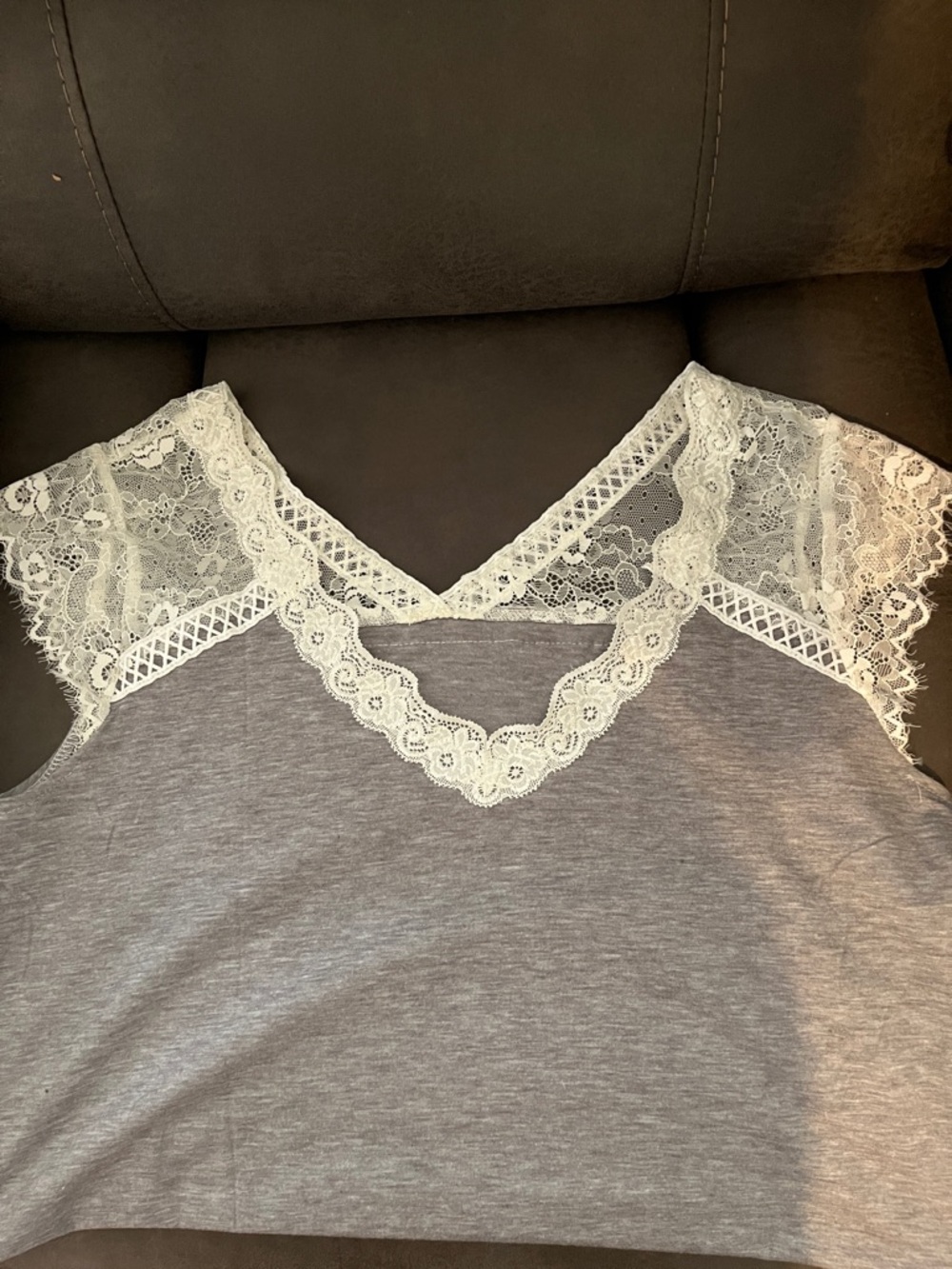 Gray Lace Trim V-Neck Top